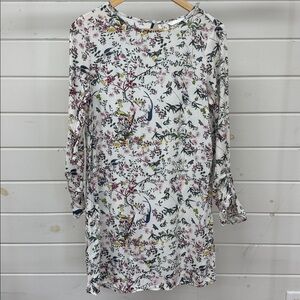 H&M Natural White Birds Floral Long Drawstring Flounce Sleeve Shift Dress Size 4